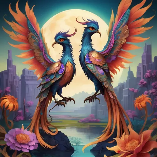 Prompt: Step into a colorful world of art deco charm, where colorful Phoenix birds roam freely, large eyes, With intricate art nouveau steampunk details, these fantastical creatures beings are a sight to behold. moon landscape magical flowers, 3D image