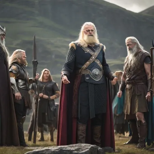 Prompt: Odin interacting with other Norse gods or goddesses. This image would be a good way to show Odin's relationships with other members of the Norse pantheon. ultra hd