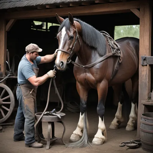 Prompt: A horse being groomed by a blacksmith. This image would be a beautiful and detailed way to showcase the horse's beauty and strength.