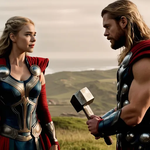 Prompt: Thor talks to a very beautiful woman, ultra hd