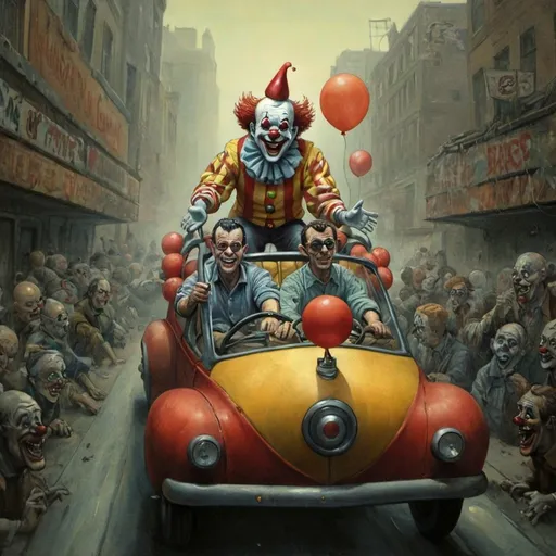 Prompt: Man riding a clown car, dystopian, distorted perspective, eerie atmosphere, playful, eerie lighting, chaotic, in the cartoon style of Jack Davis