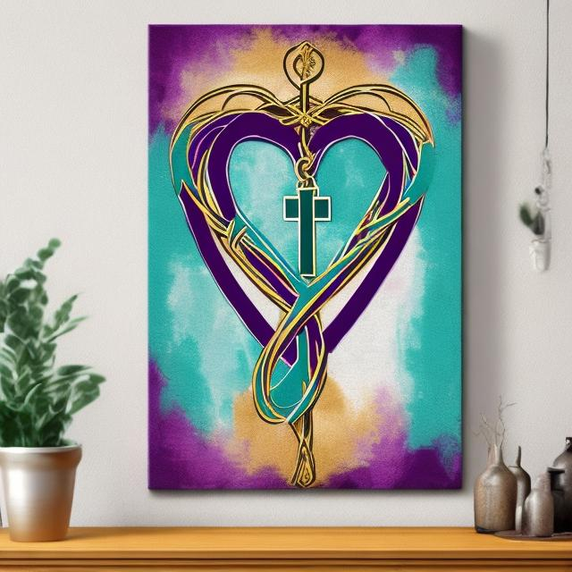 Prompt: Act as a canvas wall art designer who is looking to launch a Prayer Closet decor business, create a canvas art design 
 11x 14 include a holy cross,  intertwined with a heart a heart with added faith  femininity using colors gold, teal blue , deep purple , and burnt orange