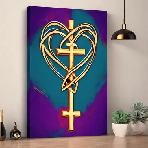 Prompt: Act as a canvas wall art designer who is looking to launch a Prayer Closet decor business, create a canvas art design 
 11x 14 include a holy cross,  intertwined with a heart a heart with added faith  femininity using colors gold, teal blue , deep purple , and burnt orange