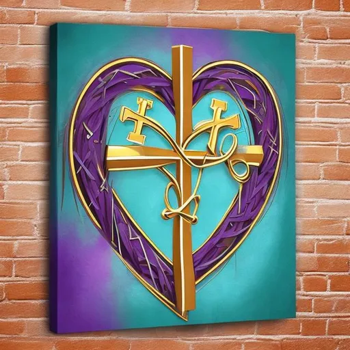 Prompt: Act as a canvas wall art designer who is looking to launch a Prayer Closet decor business, create a canvas art design 
 11x 14 include a holy cross,  intertwined with a heart a heart with added faith  femininity using colors gold, teal blue , deep purple , and burnt orange