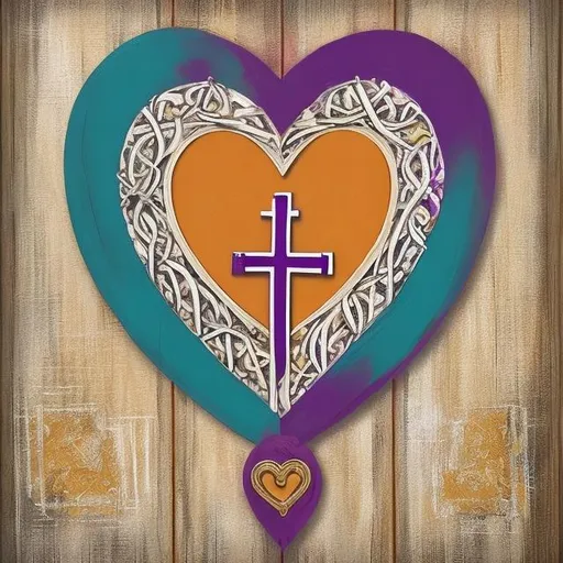 Prompt: Act as a canvas wall art designer who is looking to launch a Prayer Closet decor business, create a canvas art  collection, Titled Heart filled with Faith 7 different 
 11x 14 include a holy cross,  intertwined with a heart a heart with added faith  femininity using colors gold, teal blue , deep purple , and burnt orange