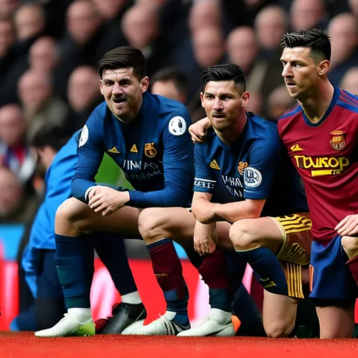 Prompt: Cristiano Ronaldo and Lionel Messi kneeling to Harry Maguire 