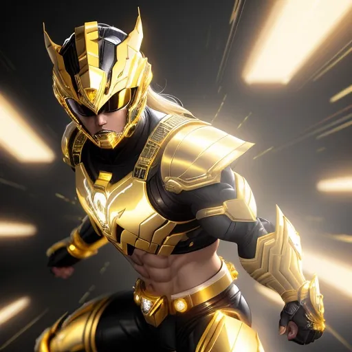 Prompt: Original Gold Power Ranger mid-transformation, digital illustration, metallic armor details, intense and dynamic pose, futuristic lighting effects, high quality, futuristic, metallic, detailed transformation, intense expression, dynamic, digital art, gold tones, futuristic lighting