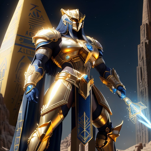 Prompt: Original Gold power ranger in heavy Egyptian armor, shimmering gold and majestic blue, futuristic-futuristic style, intricate hieroglyphics, towering pyramid backdrop, detailed armor with ancient motifs, intense and powerful stance, high-tech weaponry, best quality, ultra-detailed, futuristic-futuristic, ancient Egyptian, gold and majestic blue tones, dramatic lighting