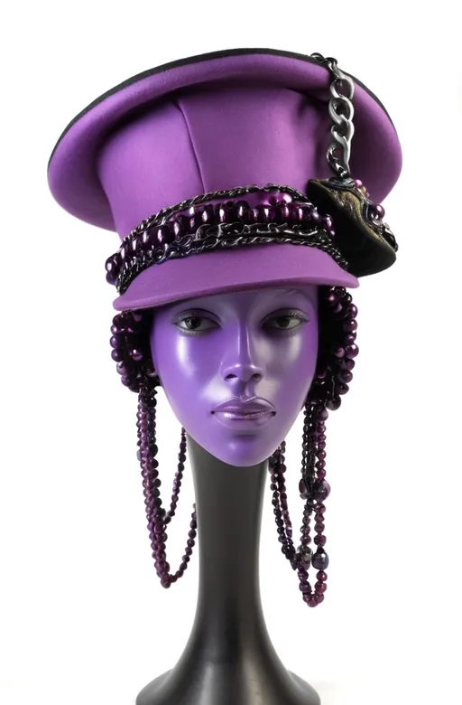 Prompt: a purple hat with a black chain around it and beads on the side of it, and a purple and black hat with a black chain around it, Betye Saar, harlem renaissance, fantastically gaudy, a flemish Baroque, a mould wear this hat 