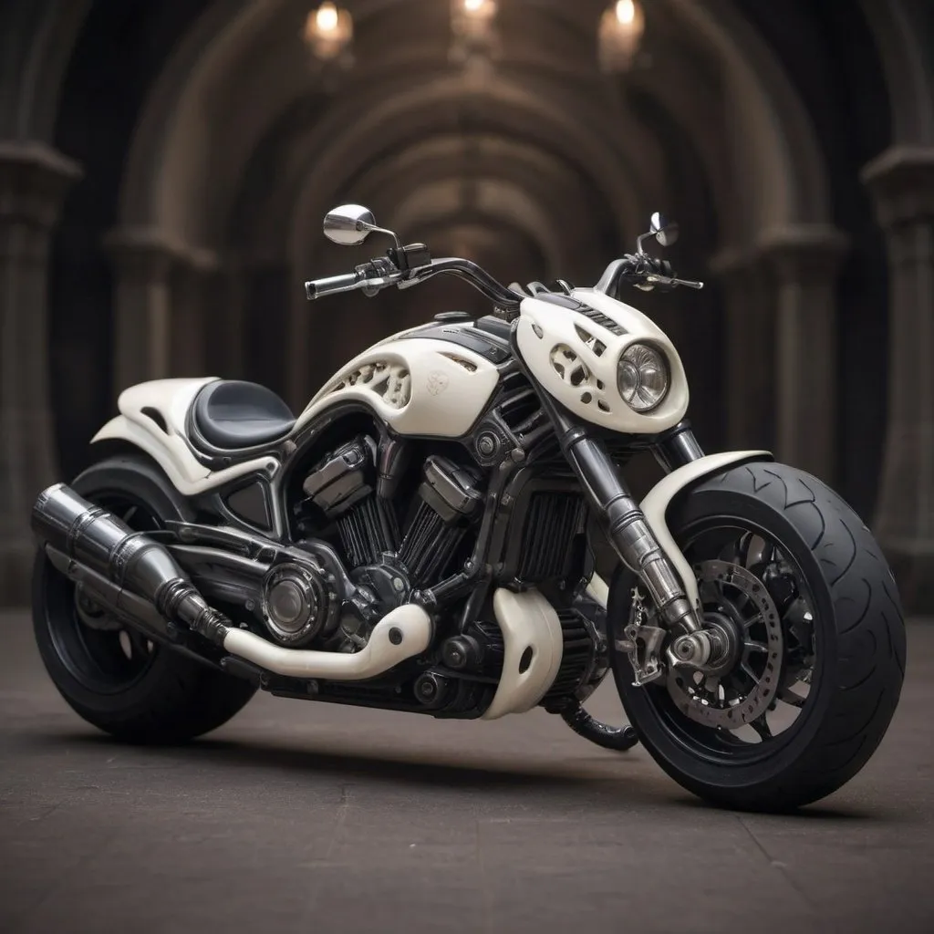 Prompt: futuristic designed v-rod  motorcycle integrated with bone carving adorned with gadgets. dark color theme with white bone highlights. more fantasy theme adornments decorating the motorcycle