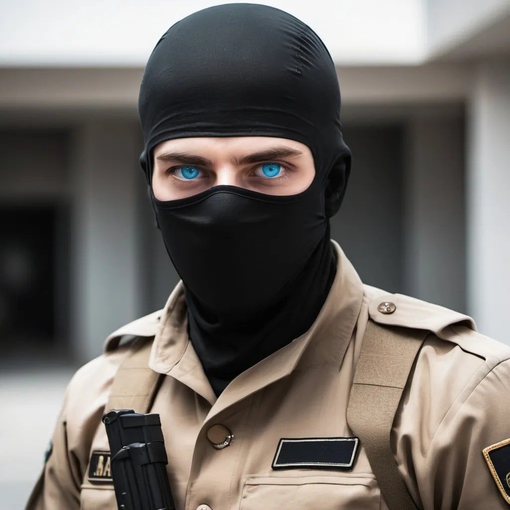 Prompt: Tall guy in military uniform and black mask covering everything expect his blue eyes