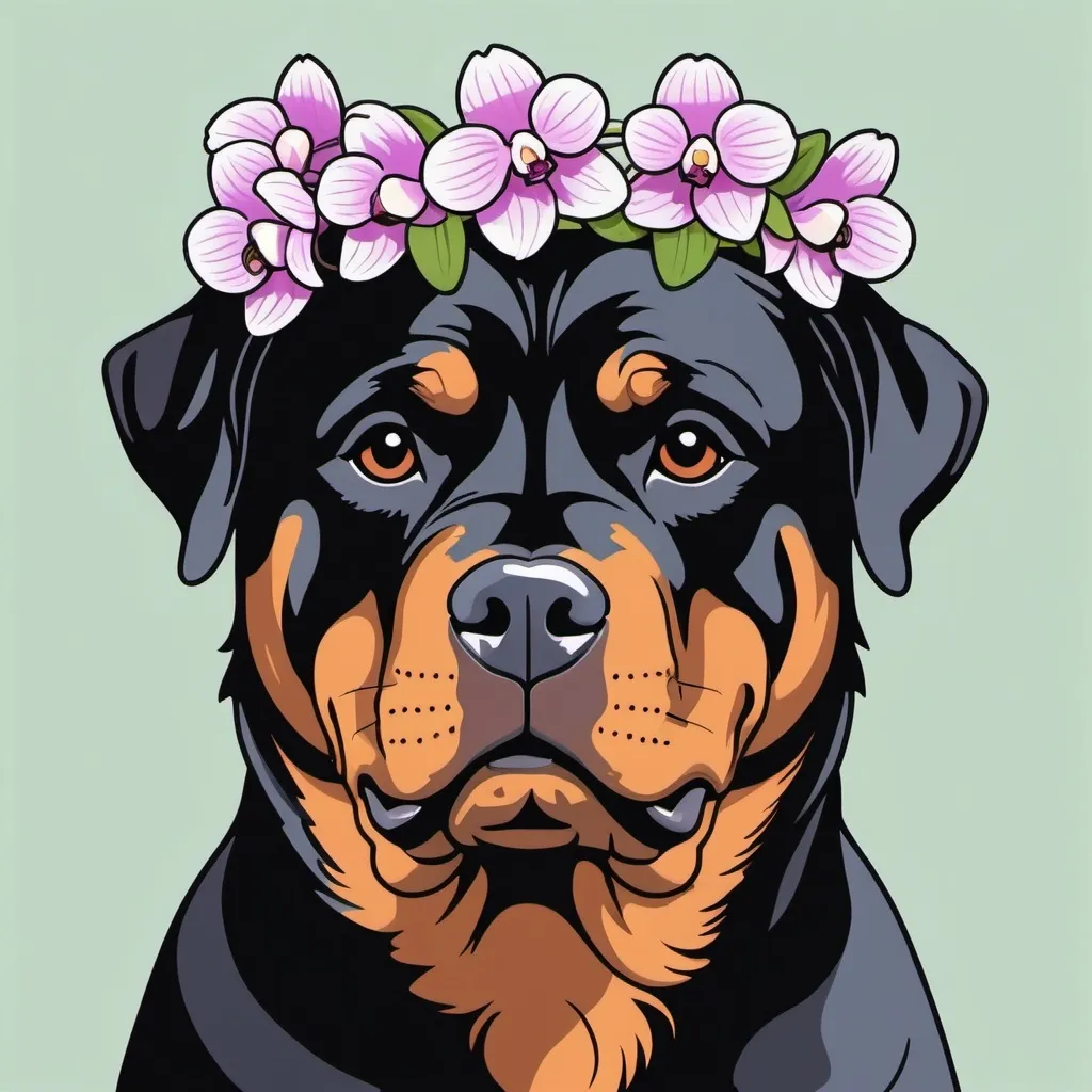 Prompt: A Rottweiler with orchid crown , whimsical, thin line art, flat color illustration, high quality