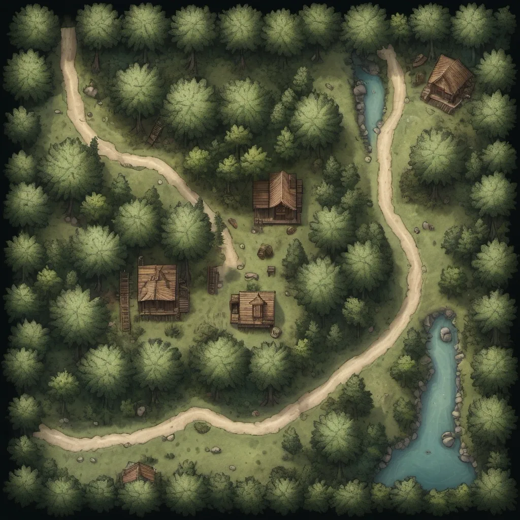 Prompt: A top-down map of a Appalachian forest, with cabins,circa 1800s,2d dnd battlemap, highly details, 8k