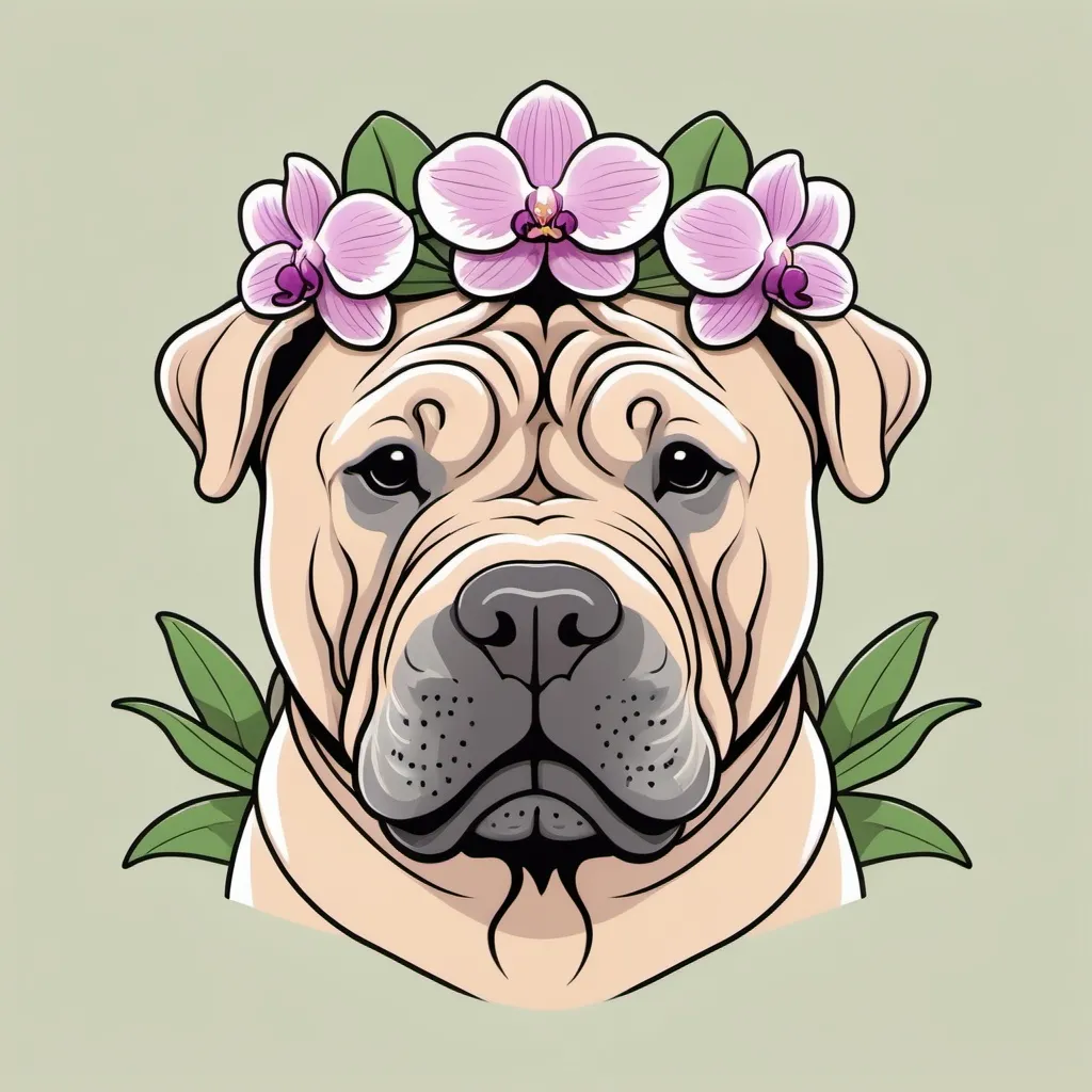 Prompt: A Shar-Pei with orchid crown , whimsical, thin line art, flat color illustration, high quality