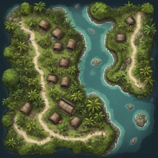 Prompt: A top-down map of a exotic island rainforest, with huts,2d dnd battlemap, highly details, 8k