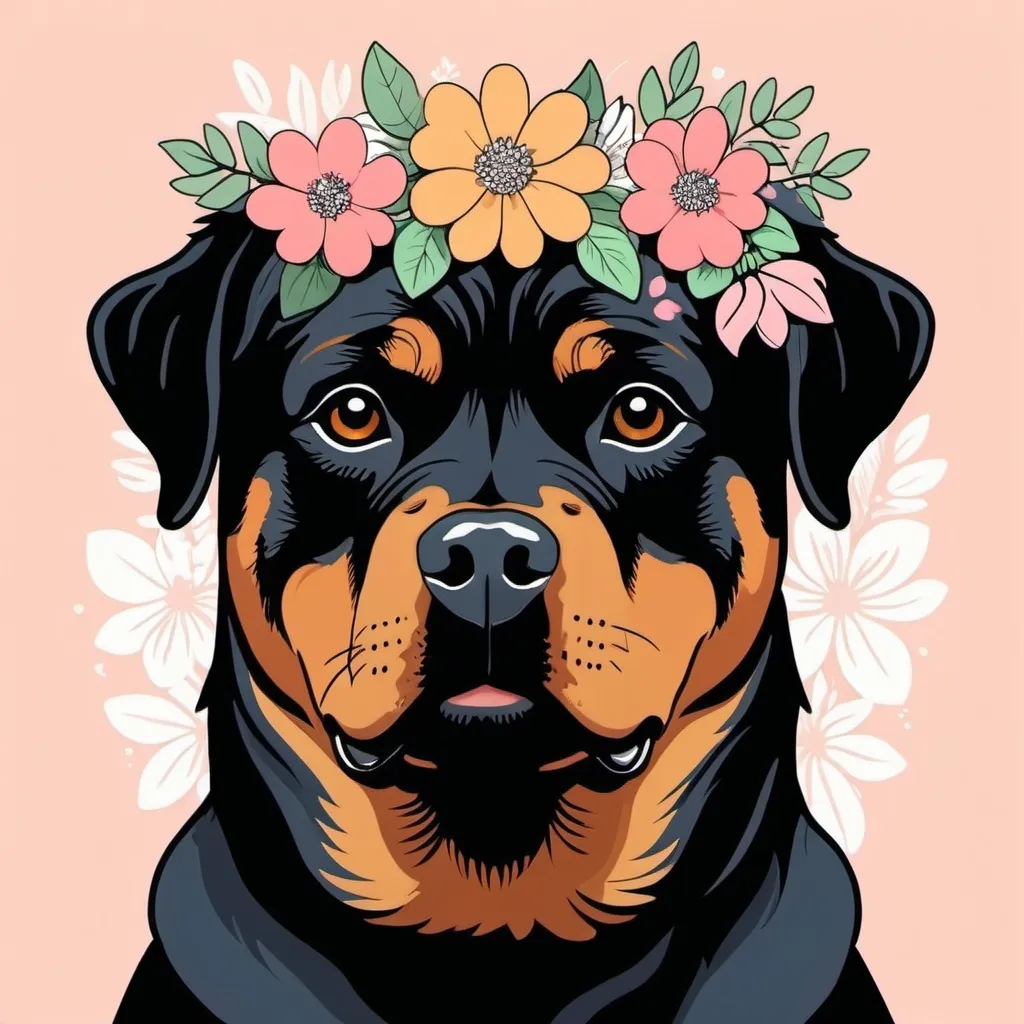 Prompt: A Rottweiler with flower crown , whimsical, thin line art, flat color illustration, high quality