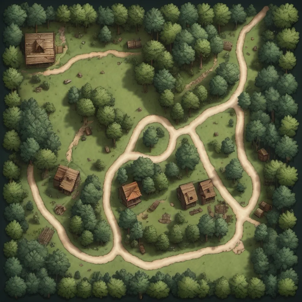 Prompt: A top-down map of a Appalachian forest, with cabins,barn with meadow, circa 1800s,2d dnd battlemap, highly details, 8k