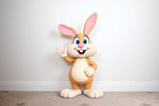 Prompt: A cheerful cartoon rabbit stands against a plain white wall, waving with a friendly expression that captures its playful nature. The rabbit, designed with exaggerated features and soft colors, showcases large blue eyes, a wide smile, and oversized pink ears that droop slightly at the tips. Its body is a blend of light brown and tan, with distinct white gloves and large, rounded feet giving it a whimsical appearance. The scene is set indoors, with a patterned carpet stretching below, hinting at a cozy, casual environment. The lighting is soft, enhancing the cartoonish charm of this lively character and inviting a sense of joy and nostalgia.