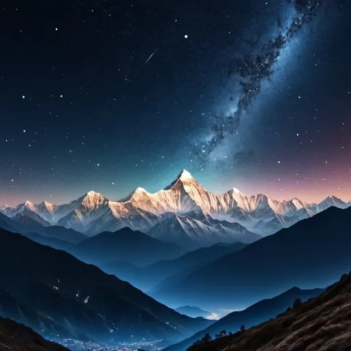 Prompt: Take a picture of Himalayan mountain range. Take a picture of starry sky. Blend both, creating a logo picture for my youtube channel. After that, write in the middle of the picture "Himalayan Skies"