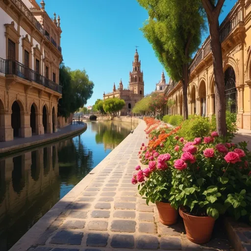 Prompt: (flowers next to the river in Seville), vibrant colors, cheerful atmosphere, clear blue sky, sunlight reflecting on the water, historic architecture in the background, cobblestone pathways, Spanish style buildings, lush greenery, high contrast, intricate details, charming, serene, ultra-detailed, 4K, cinematic lighting, high depth of field, photorealistic