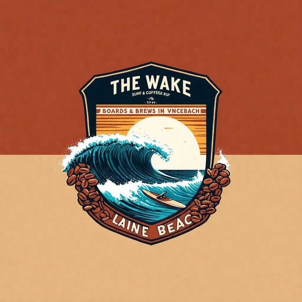 Prompt: A crest-based logo for a surf and coffee shop named "The Wake" in Venice Beach California. Beneath the name, it will feature the following text "Boards and Brews in Venice Beach". The logo itself will also include surfing imagery such as waves or a surfboard, and coffee-related imagery such as beans or a steaming hot cup of coffee.

The logo itself should be in a modern, illustrative style, and appeal to surfers aged 18-35 in Venice Beach, CA. 

The logo should exude a commitment to quality and care and be authentic to Venice Beach, CA in 2024