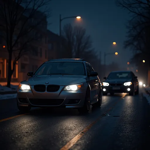 Prompt: a bmw e60 and a bmw e39 in the back with angel eyes on in the dark
