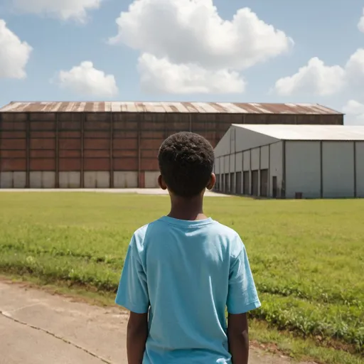 Prompt: a 13-year-old standing with his back turned looking at a huge warehouse from outside. make sure to have the plantation in the far background.


