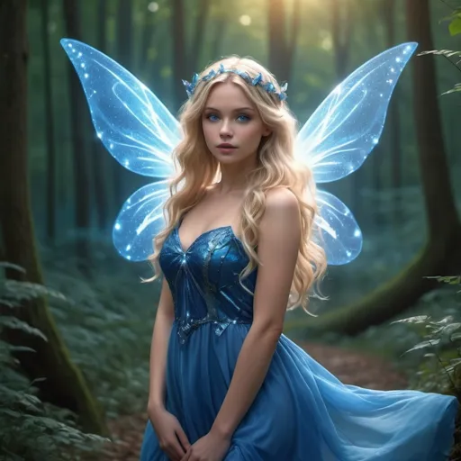 Prompt: 4k professional modeling photo live action human woman hd hyper realistic beautiful magical fairy blonde hair fair skin blue eyes beautiful face blue dress blue sparkling fairy wings and wand enchanting mystical forest landscape hd background with live action magic full body