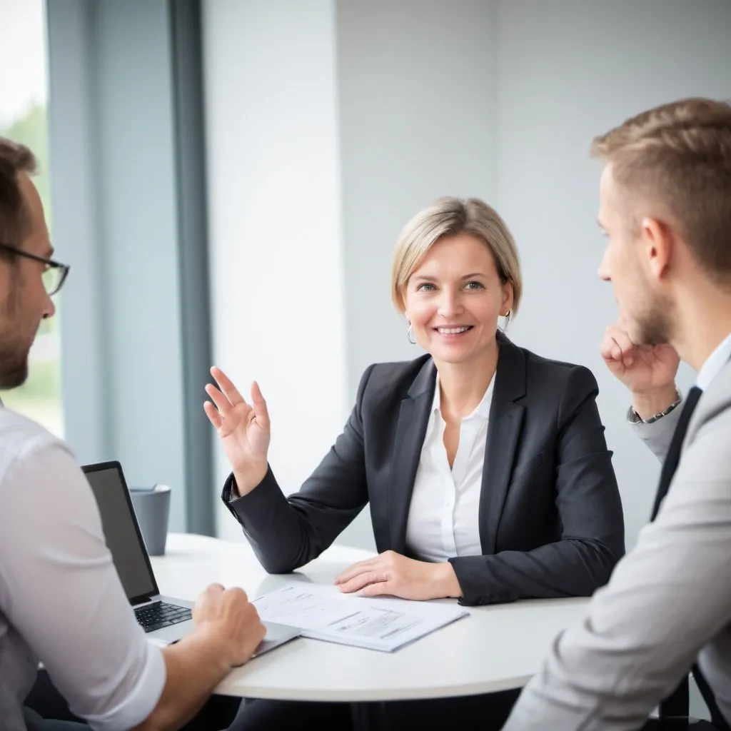 Prompt: User
erstelle mir ein foto: regionen leitende gebeitsleitende führung fit for sales business postfilialen coaching mehrer menschen im gespräch / coaching
