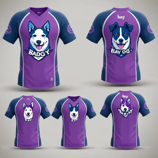 Prompt: Jersey Designs for an ultimate frisbee team called bay dog, wth a blue and purple color scheme and heavy themes of the bay area as well as a dog in the front