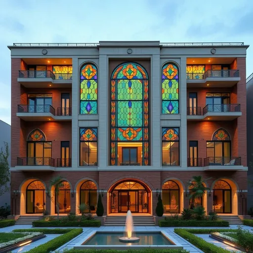 Prompt: a large building with a fountain in front of it and a large stained glass window on the side of the building, Enguerrand Quarton, cloisonnism, modern art deco, a digital rendering