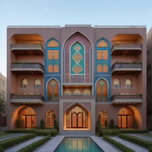 Prompt: ‏A modern five-story building inspired by traditional Iranian architecture, blending sleek contemporary design with elements of Qajar-era aesthetics. The building features large stained-glass windows, wide balconies with arched designs, and smooth brickwork with geometric tile patterns. Isometric view, showing both the front and side façades, with the landscaped garden and modern water feature in perspective. Created using: Persian modern architecture, contemporary minimalism, vibrant colors, smooth textures, elegant geometric patterns, high-definition quality, natural lighting, artistic, realistic art deco, modern art deco, a digital rendering. Generate front, side, isometric and up-dawn faces of this building 