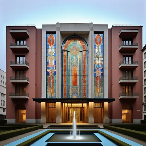 Prompt: a large building with a fountain in front of it and a large stained glass window on the side of the building, Enguerrand Quarton, cloisonnism, modern art deco, a digital rendering