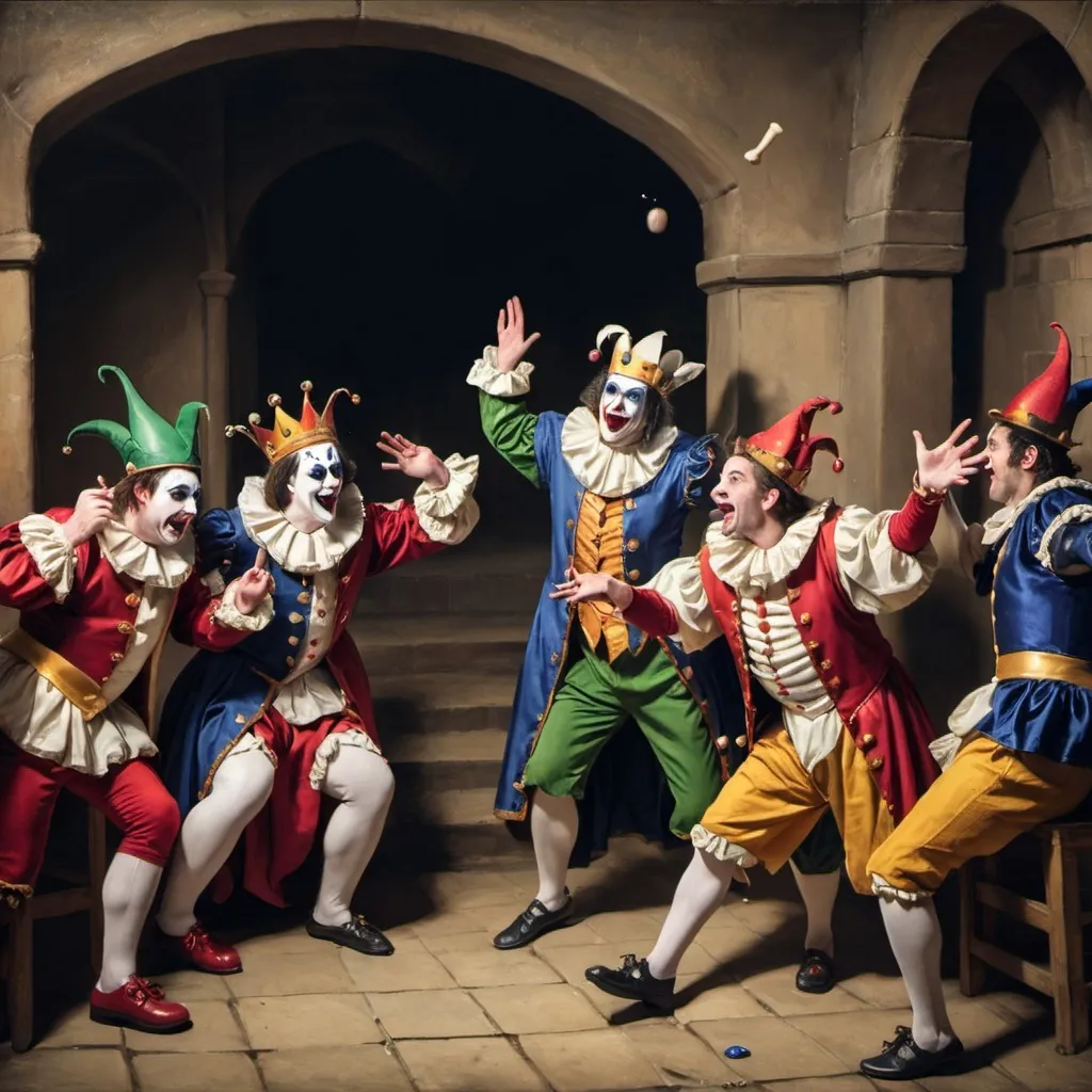 Prompt: the jesters court with drunk audience throwing rocks at the jester