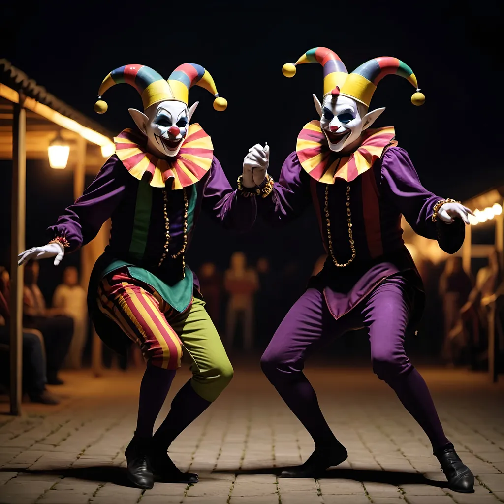 Prompt: dark and mysterious jesters dancing outside at night