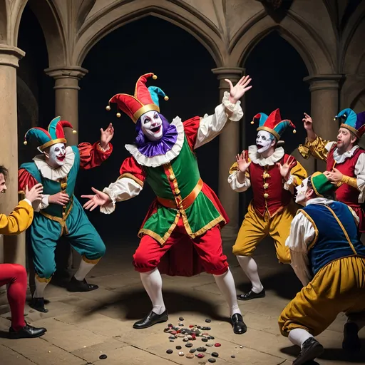 Prompt: the jesters court with drunk audience throwing rocks at the jester