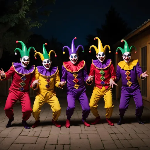 Prompt: seven evil jesters dancing outside at night