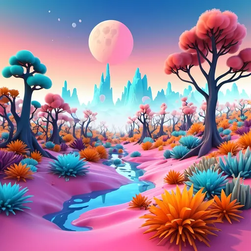 Prompt: colorful alien landscape with unusual plants and trees 