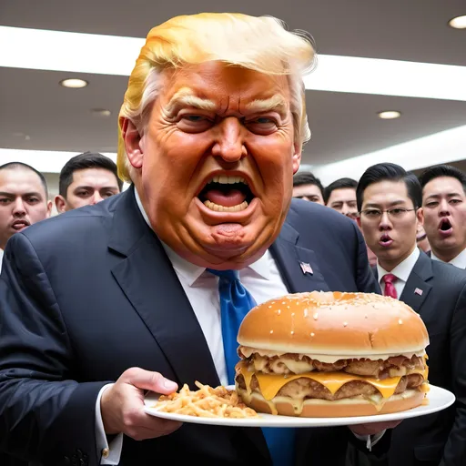 Prompt: giant fat evil Donald Trump eating people
