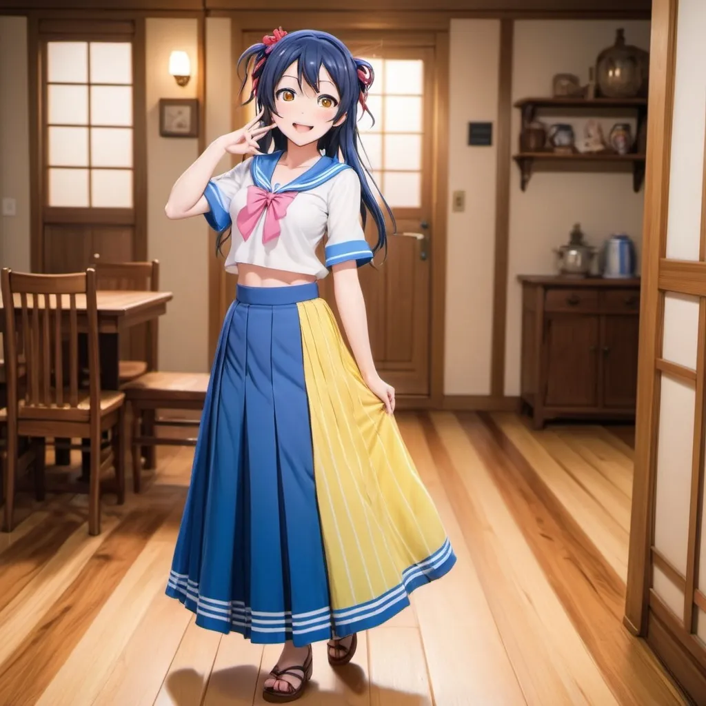 Prompt: Love Live anime Umi Sonoda with large yellow eyes is wearing a maxi long floor-length vertical blue striped skirt that is very long. She is standing on a wooden floor.