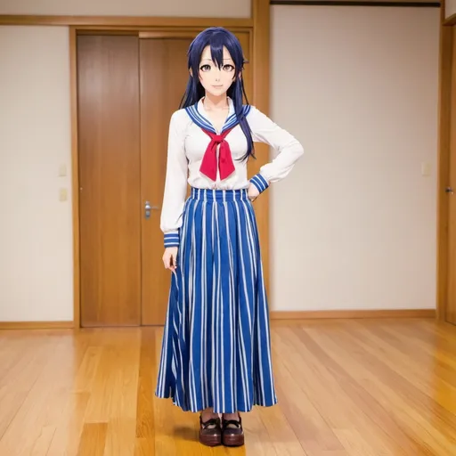 Prompt: Love Live anime Umi Sonoda with large yellow eyes is wearing a maxi long floor-length vertical blue striped skirt that is very long. She is standing on a wooden floor.