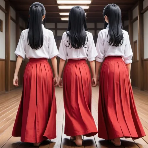 Prompt: The backs of multiple long-straight-black haired anime girls with untied hair who are wearing maxi long pleated red skirts that are extremely long. The girls are standing on a wooden floor. The girls are wearing white buttoned shirts. The long pleated red skirts are very long and are all red in color.