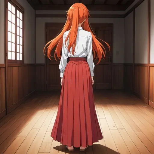 Prompt: The back of a long-straight orange haired anime girl with loose hair. The anime girl is wearing a buttoned shirt and a red pleated floor-length maxi long skirt that is extremely long. The anime girl is standing on a wooden floor. The long pleated skirt is red in color.
