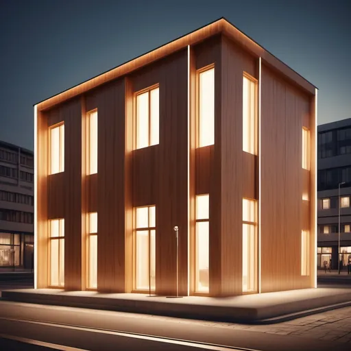 Prompt: building with four windows, (wooden paneling), (white borders), detailed architecture, vibrant lighting, modern design, crisp lines, warm color tones, inviting atmosphere, urban setting, slightly blurred background, 4K ultra-detailed quality, showcasing textures of wood and paint, harmonious composition for architectural aesthetics.