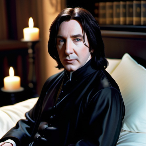 Prompt: Photo quality 3d image of 30 year old Severus Snape as played by Alan Rickman in black silk pajamas, dark brown eyes, black hair, lying in bed with a book, floating candles lit around the room, realistic, high quality, detailed facial features, dramatic, dark tones, dark and sparse