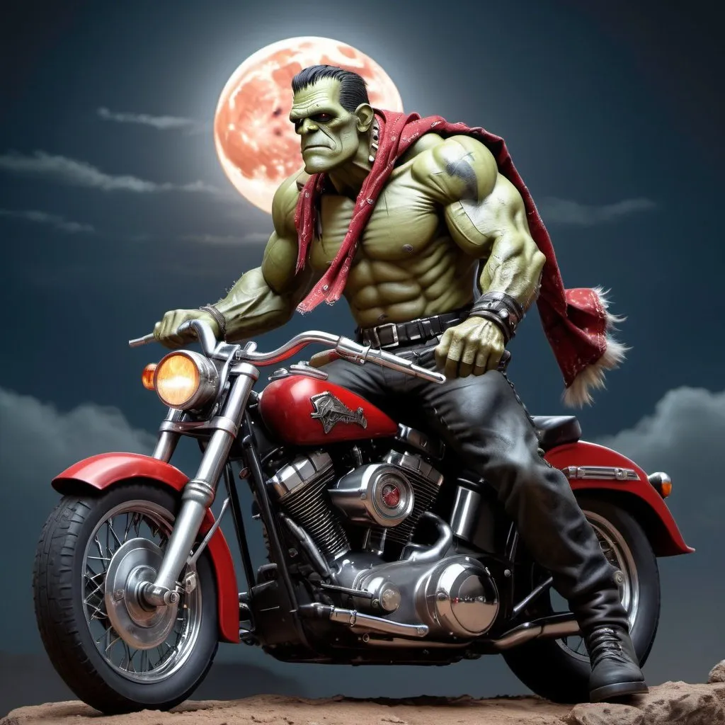 Prompt: Frankenstein riding a Harley with a rifle and wearing a red bandana, rugged and wild, moon setting, detailed fur and muscle definition, powerful and majestic stance, high quality, realistic, natural tones, dynamic lighting