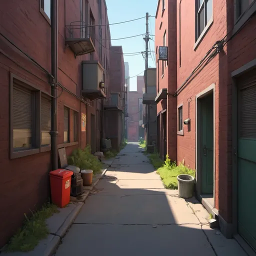 Prompt: Relaxing and cartoony back alley