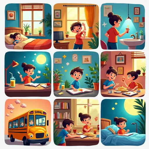 Prompt: Una imagen estilo cómic o dibujo animado que muestre las actividades diarias de un estudiante desde que se despierta hasta que se acuesta:

Wake up

Brush teeth

Eat breakfast

Go to school

Study

Play

Dinner

Sleep