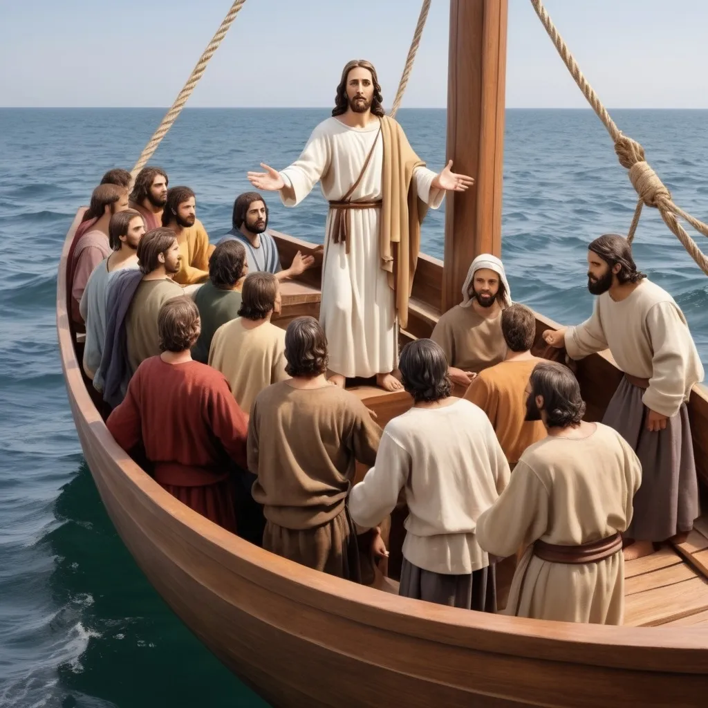 Prompt: Jesus Cristo em um barco com 12 discipulos, imagem realista. 