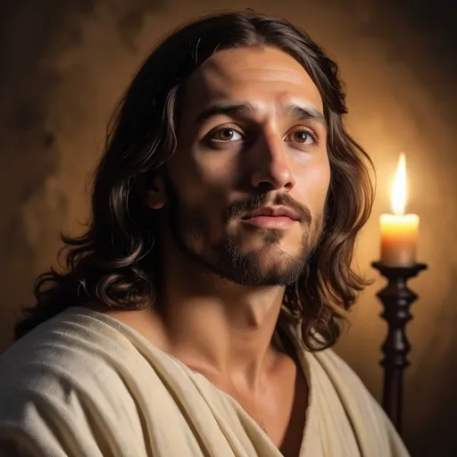 Prompt: Jesus Cristo em pé tocando a testa de um homem cego ajoelhado diante dele, rosto iluminado de Jesus, expressão de esperança no homem cego, ambiente humilde, luz natural entrando por uma janela, realista, estilo Rembrandt, fundo rústico, iluminação suave que destaca a intimidade da cena, tons quentes e terrosos, cores profundas e ricas, foco no rosto de Jesus, ultra-detalhado, 4K, fundo texturizado.